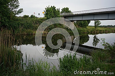 Water reflection of Havel river canal VoÃŸkanal in Krewelin, Oberhavel, Ruppiner Lakeland, Brandenburg Stock Photo